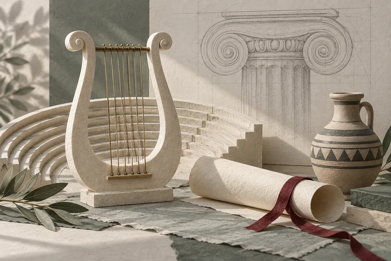 An ivory paper lyre stands before a miniature theatre beside a scroll and patterned vessel.