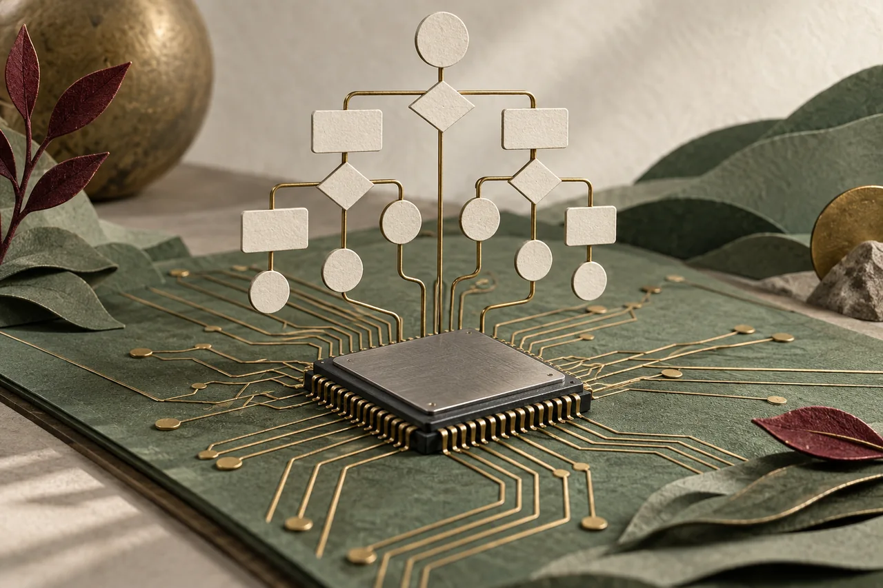 A microprocessor connects through fine circuit traces to an orderly tree of blank paper nodes.