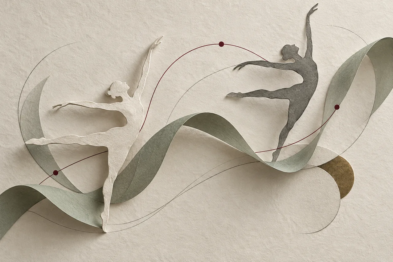 Paper dancer silhouettes and a flowing ribbon trace balance, gesture and movement.