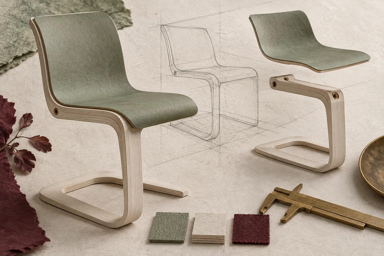 A small cantilever chair prototype sits above construction sketches beside separated components and material swatches.