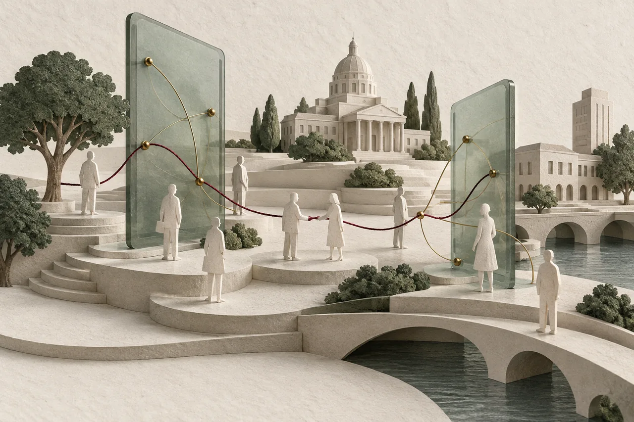 Paper people and small buildings connect through translucent device-like panels and fine lines.