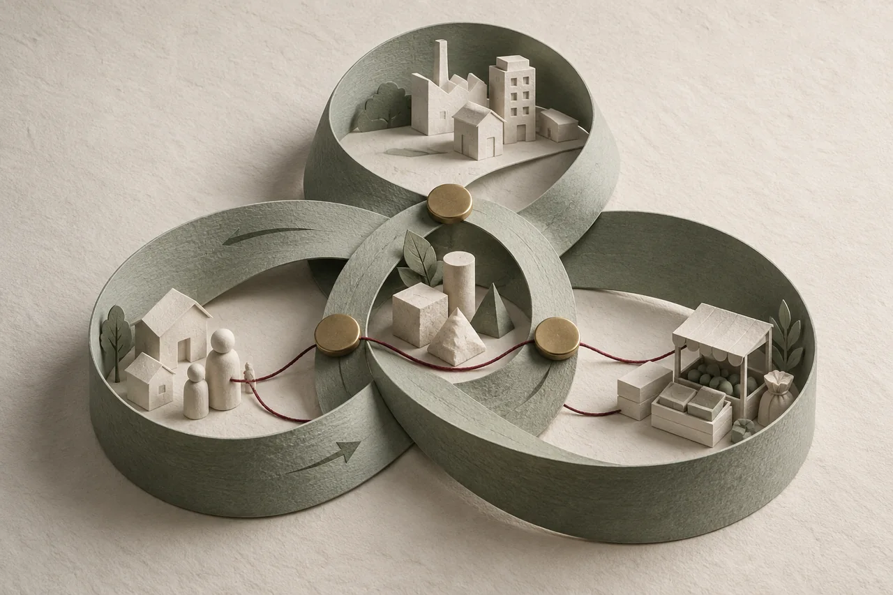 Paper exchange loops link scarce resources, household forms and a communal arch.