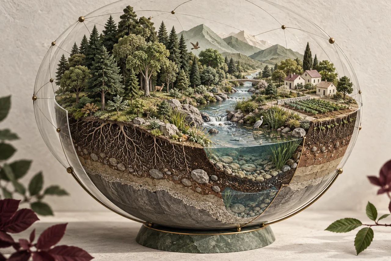A glass hemisphere contains a paper forest, river, soil layers and a small settlement.