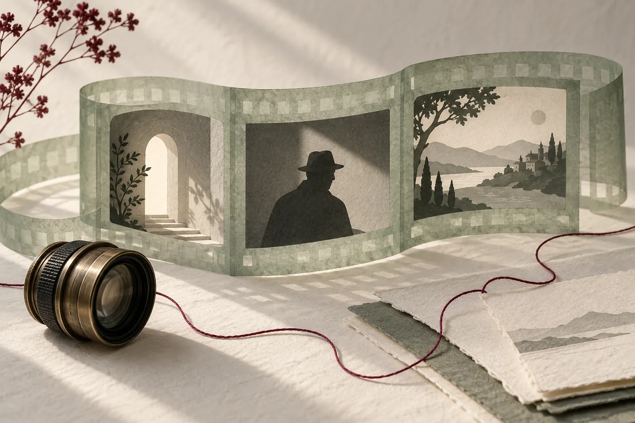 Translucent frame windows and a lens explore sequence and visual storytelling.