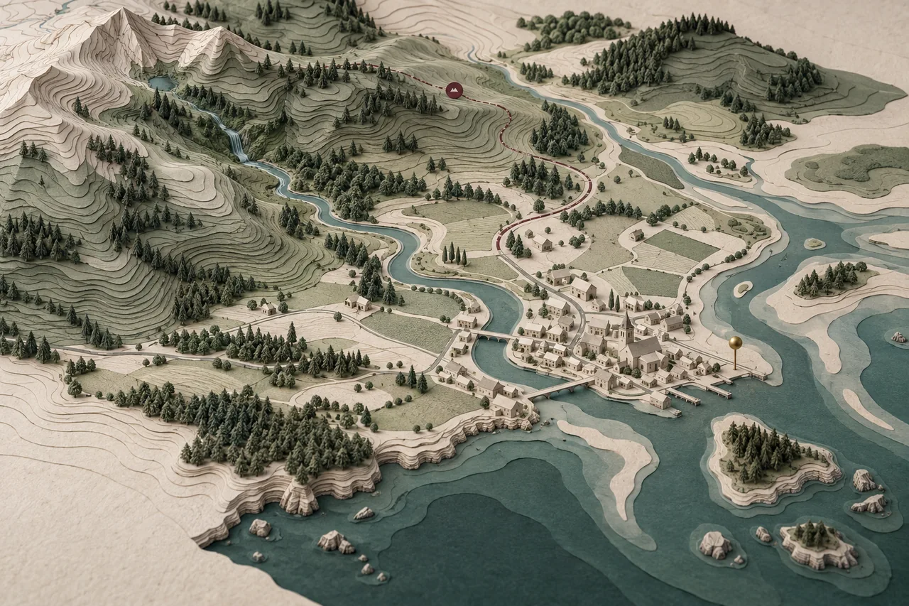 Layered paper contours surround a river and a small settlement in a fictional relief map.