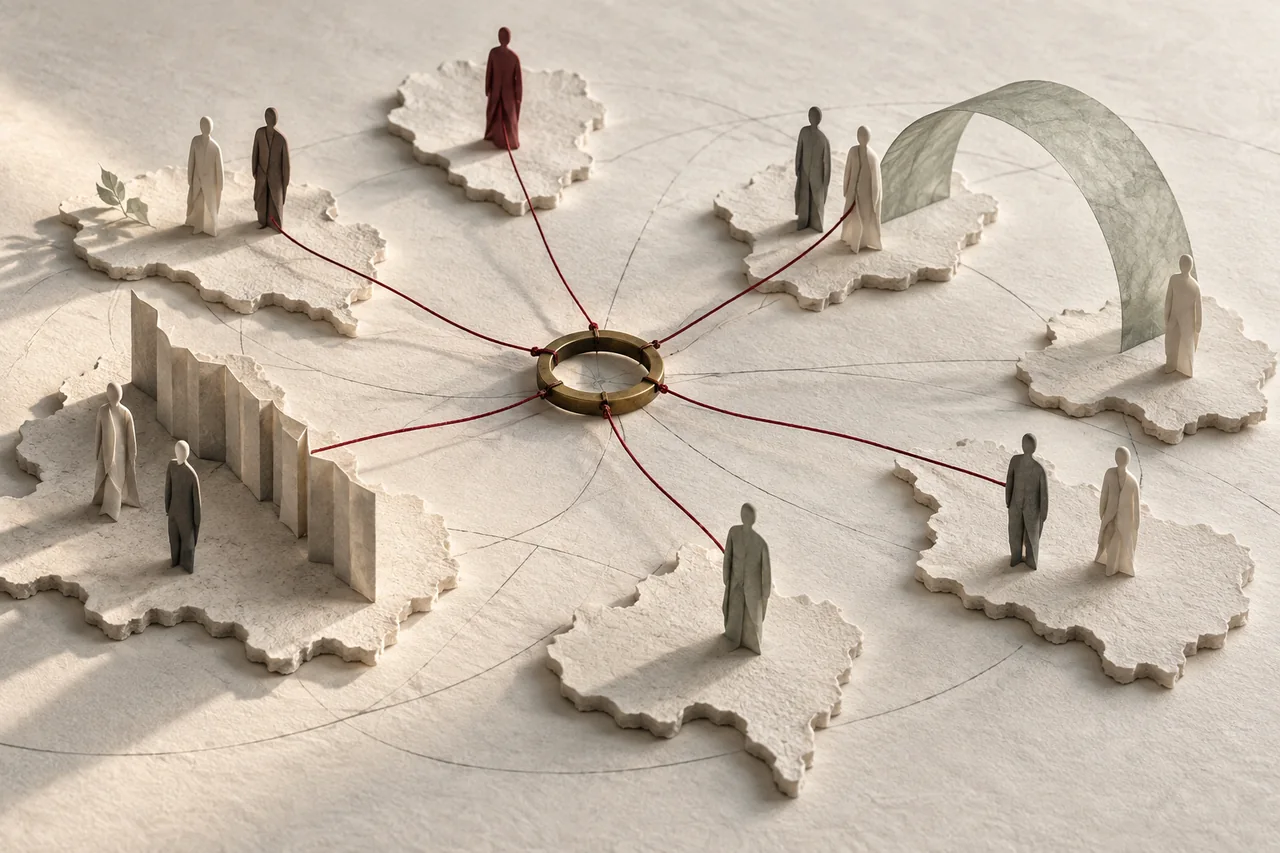 Paper territories, human forms and negotiation threads explore power and cooperation.