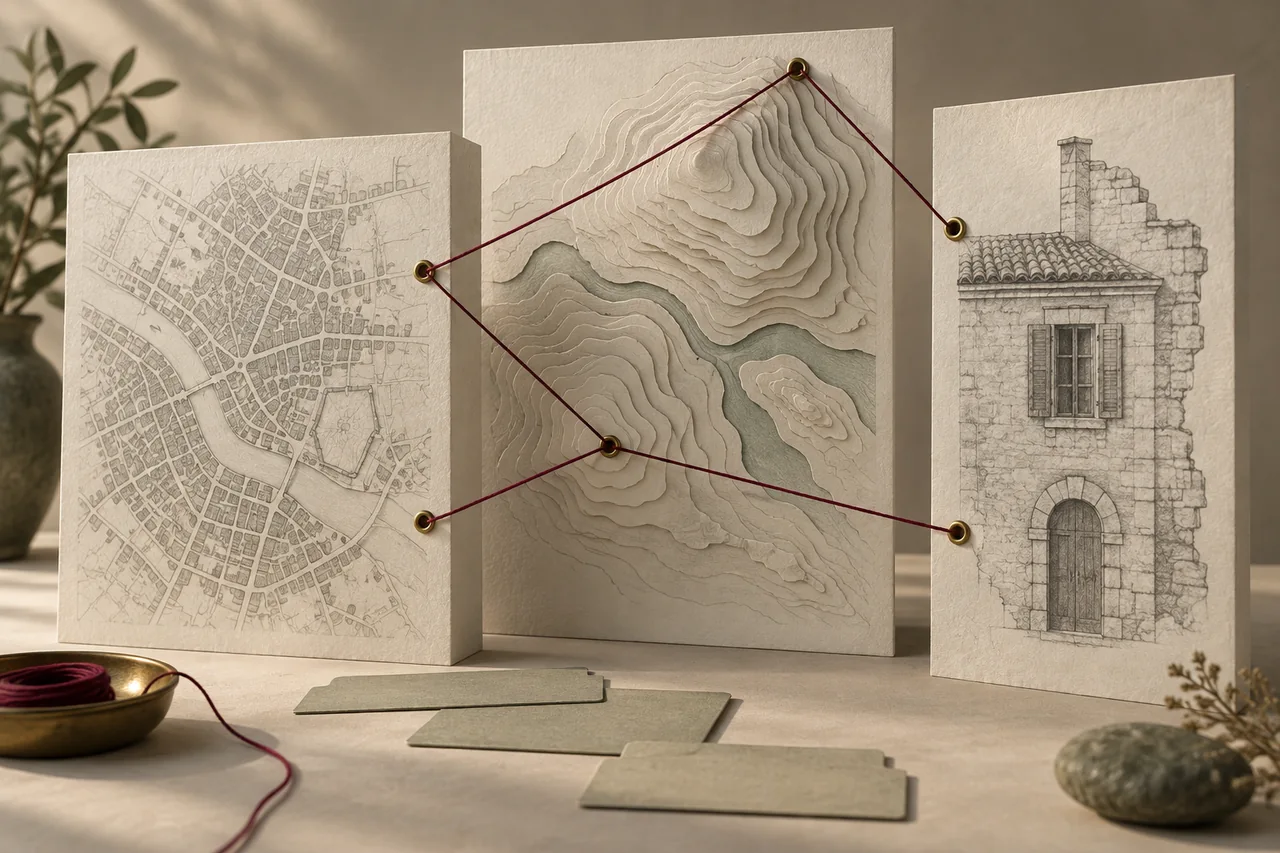 Graphite city plans, layered terrain and an architectural sketch connect through burgundy threads.