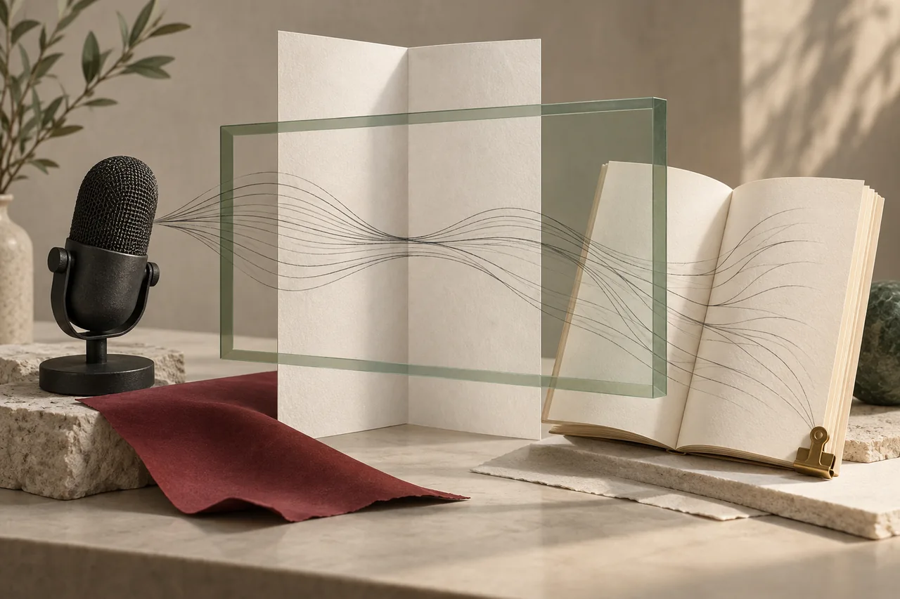 A microphone, folded broadside and open book connect through fine graphite waves and a translucent frame.