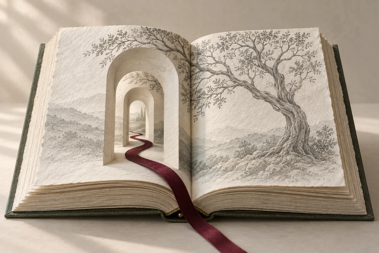 An open paper book reveals nested doorways, a graphite tree and a winding burgundy bookmark.