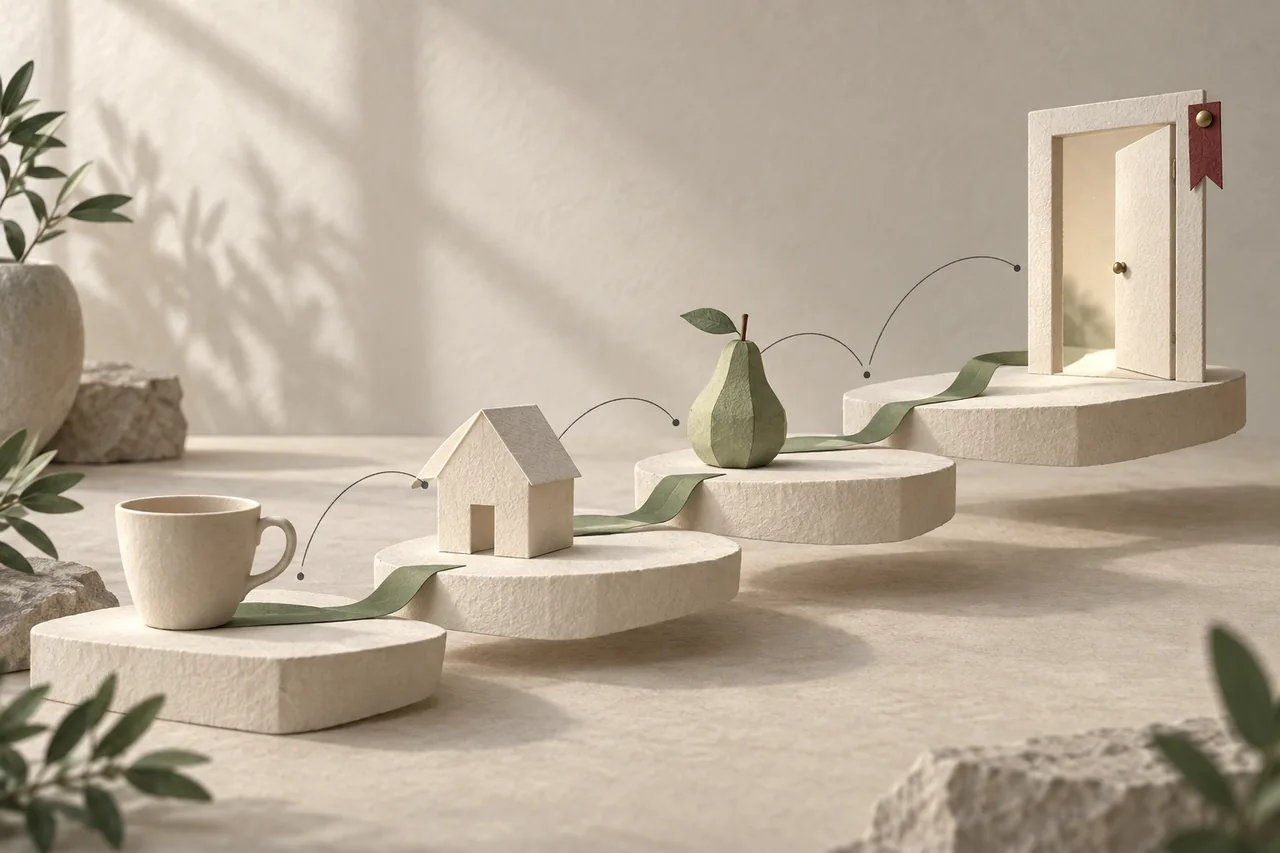 A cup, paper house, pear and open doorway form a gradual path through familiar everyday objects.