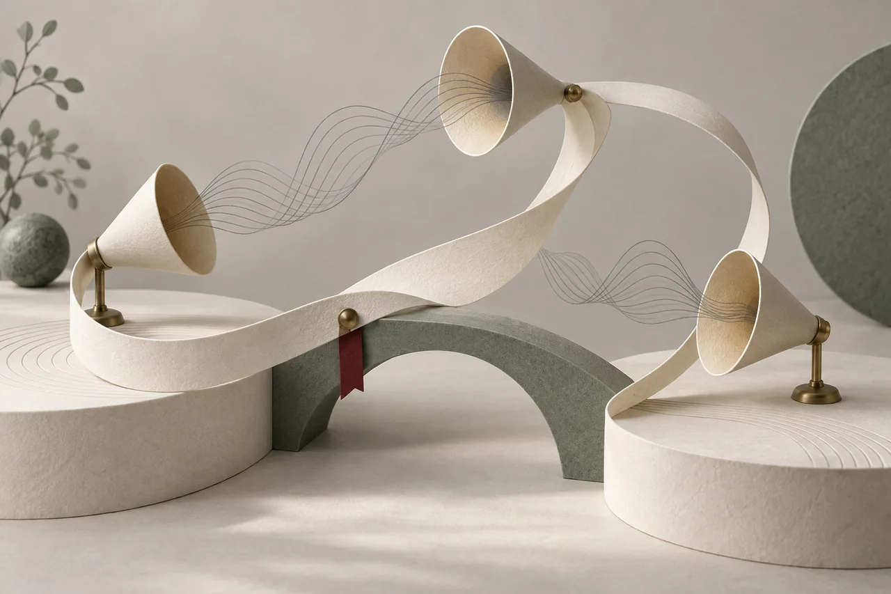Three paper acoustic horns connect through a looping ribbon and a sage-green bridge.
