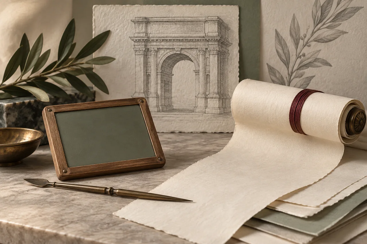 A blank writing tablet, bronze stylus and ivory scroll sit before a graphite Roman arch.