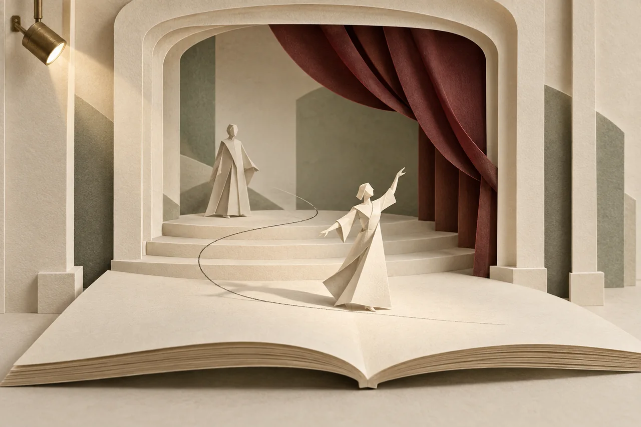 Two folded paper performers stand in a miniature theatre rising from an open script.