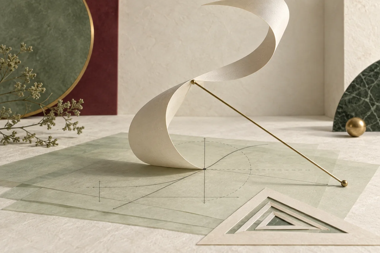 A straight brass rod meets a sculptural paper curve above geometric constructions.