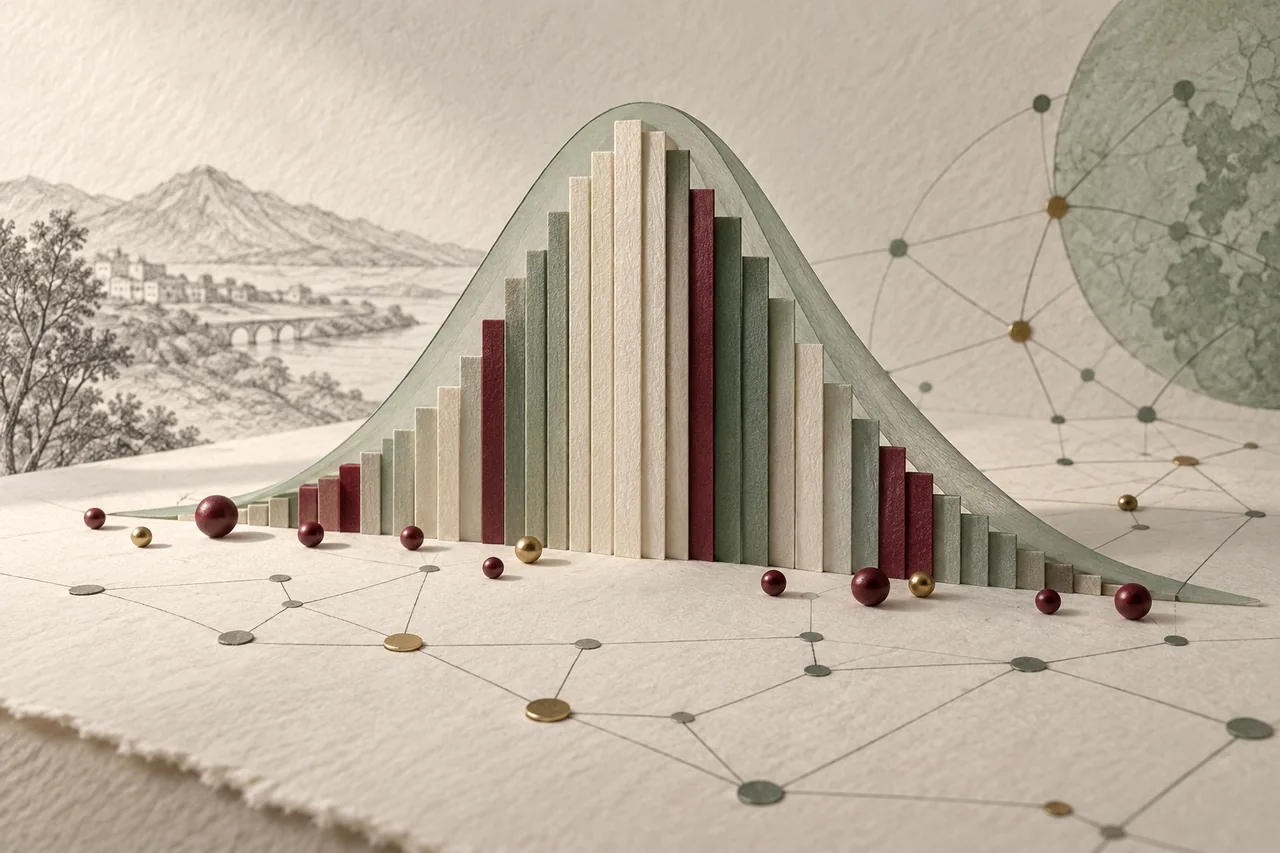 Paper strips form an abstract distribution above a sparse network of connected points.