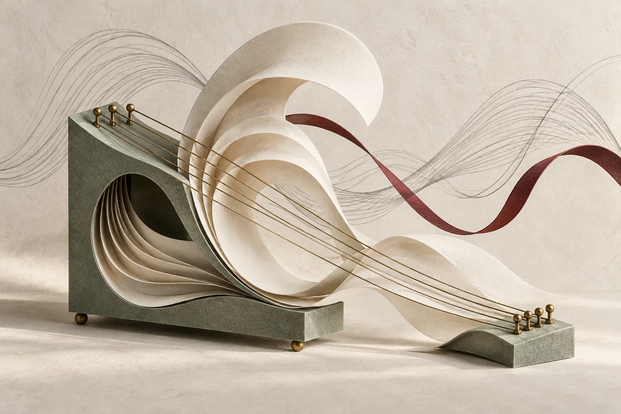 Paper resonance curves and brass strings form a spatial study of sound.