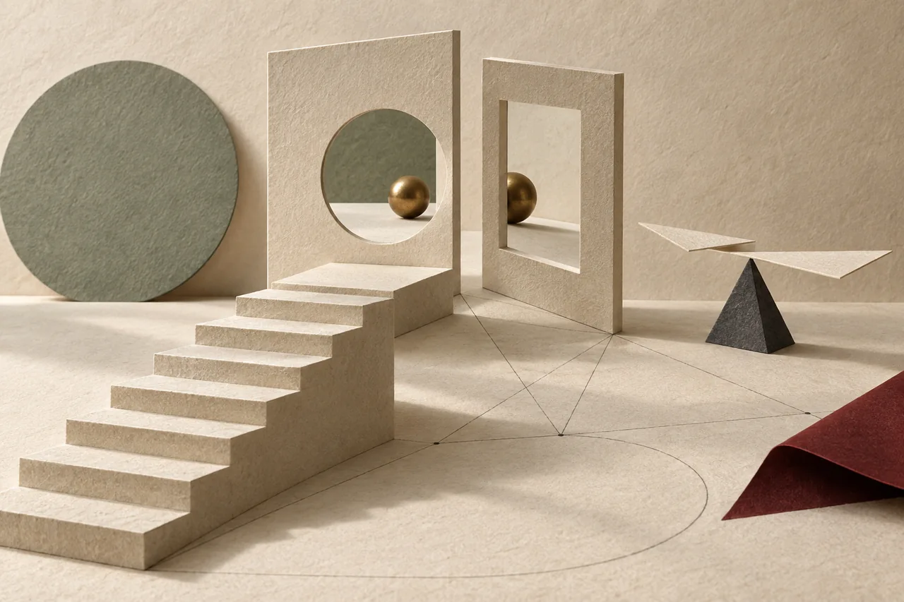 Paper stairs lead toward frames with brass spheres beside delicately balanced paper planes.