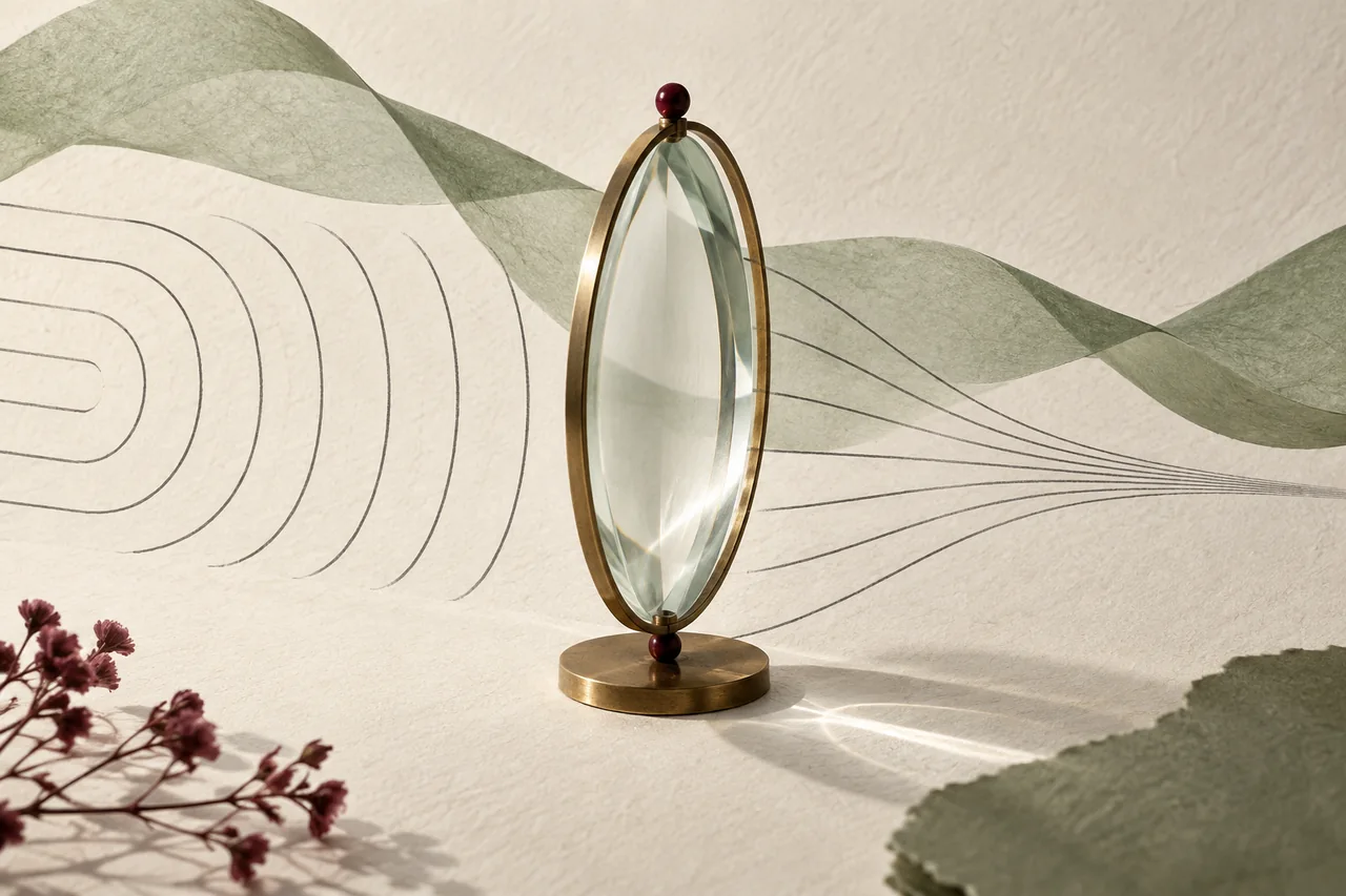 A brass-mounted lens stands between abstract graphite line studies and a translucent paper wave.