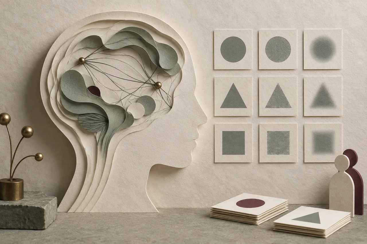 A layered paper profile and associative shapes explore memory, perception and behavior.