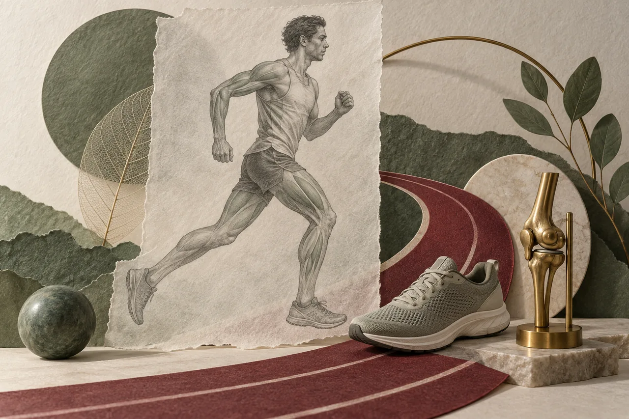 A graphite runner study stands above a running shoe and a small joint model.