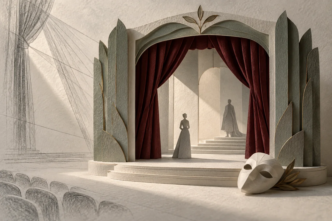 A layered paper stage, curtain and silhouettes explore performance and interpretation.
