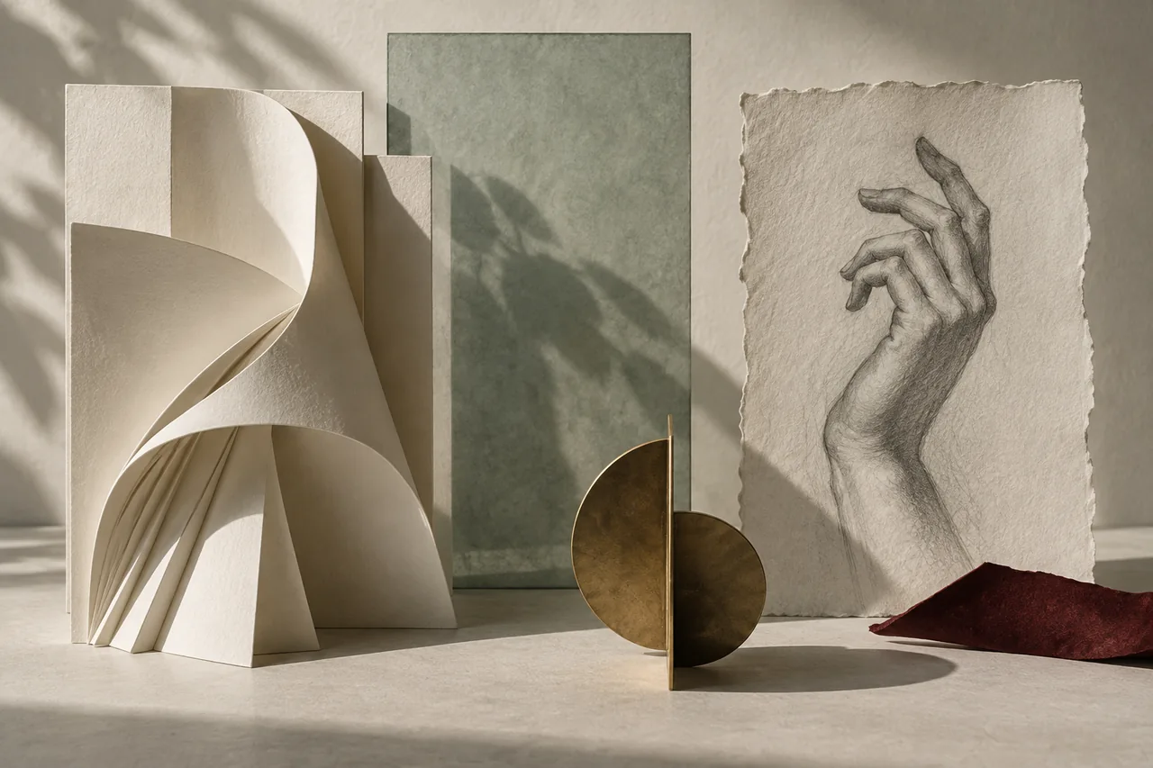 Paper relief, graphite contours and geometric forms explore material and composition.