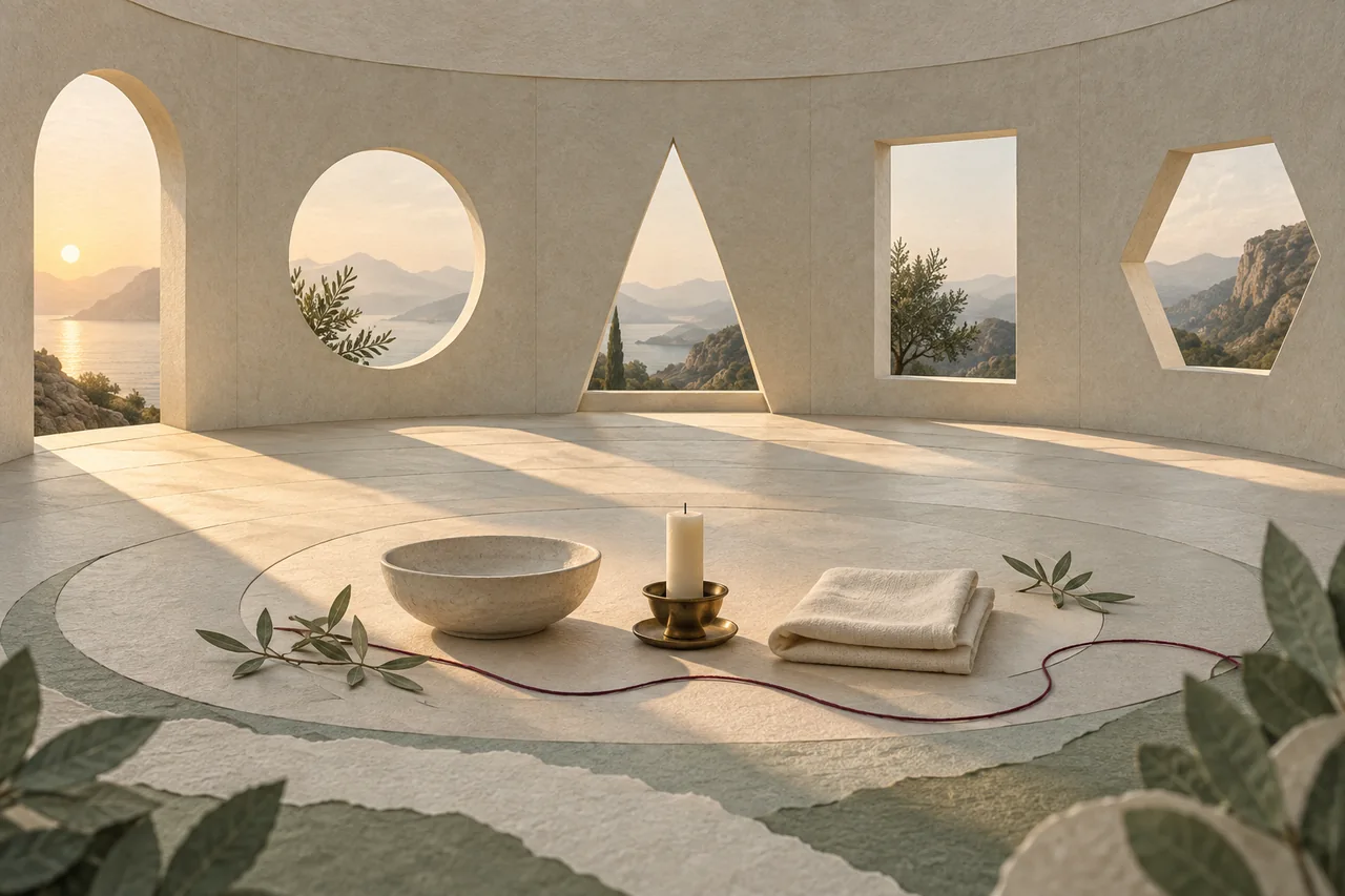 Different geometric openings illuminate a shared courtyard with a plain bowl, candle and folded cloth.