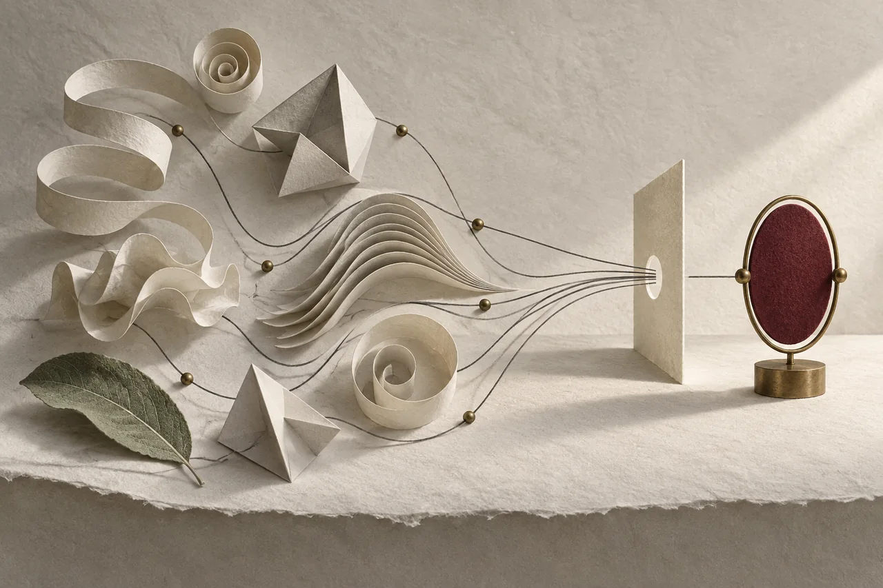 Organic and geometric paper explorations converge into one carefully bounded focal form.