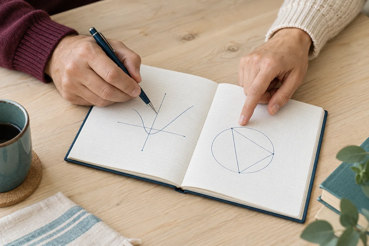 Two people work through a graph and geometry sketch together in an open notebook.